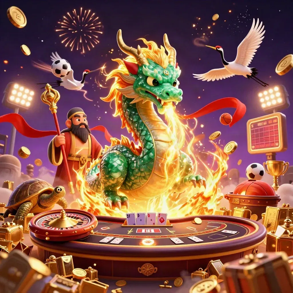 Emerald dragon, turtle sage, and cranes amid coins, roulette, sports balls, and casino lights.