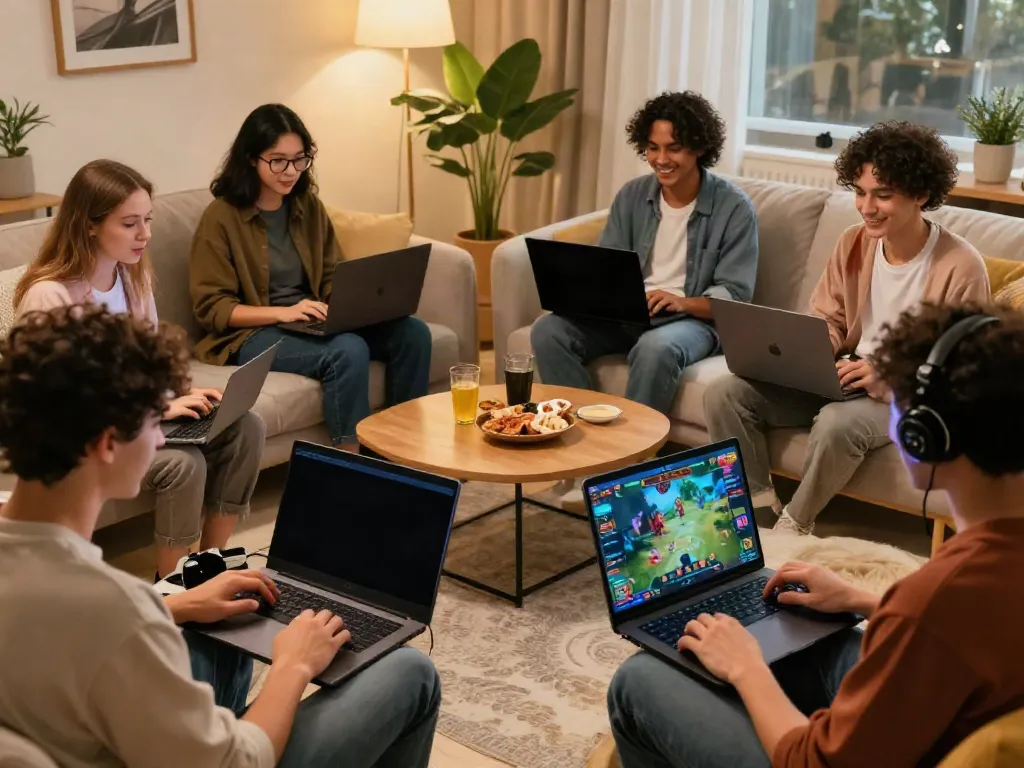 Engaging online gaming scene with diverse young adults enjoying akunjp platform in a cozy living room.