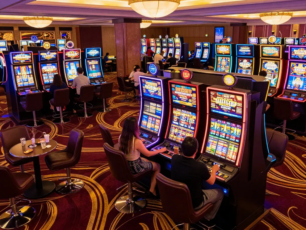 Engaging view of players enjoying 68 win slot machines in a vibrant casino atmosphere with colorful displays