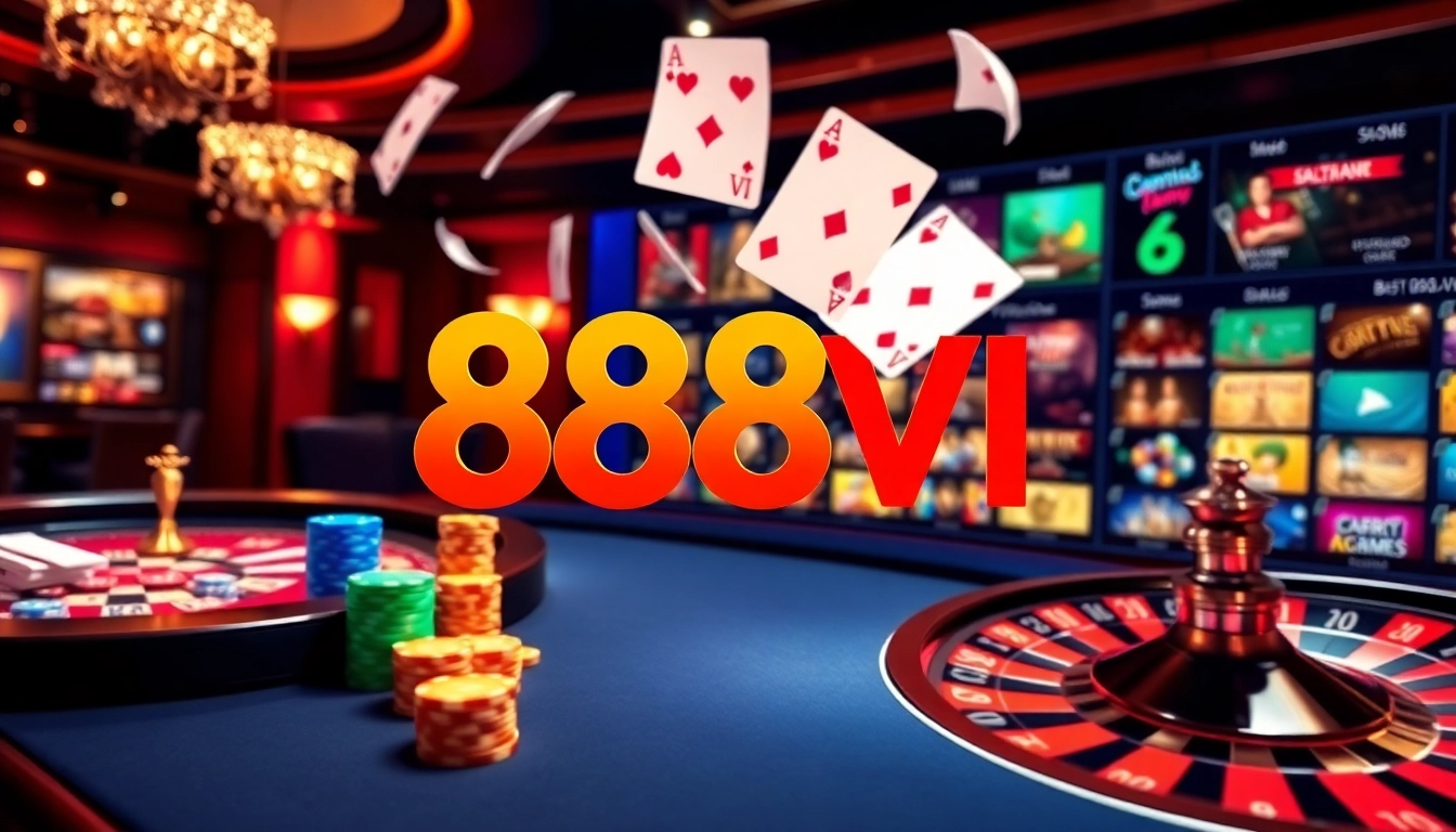 Exciting casino scene featuring 888VI logo with vibrant poker chips and a spinning roulette wheel.