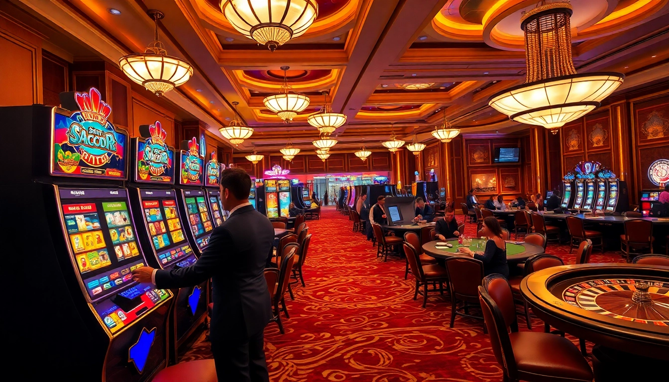 Exciting scene of a 'slot gacor' machine with vibrant lights and players at a casino table.