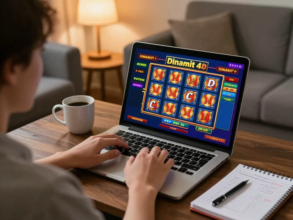 Engaging with dinamit4d online gaming on a laptop at home, showcasing responsible gambling.