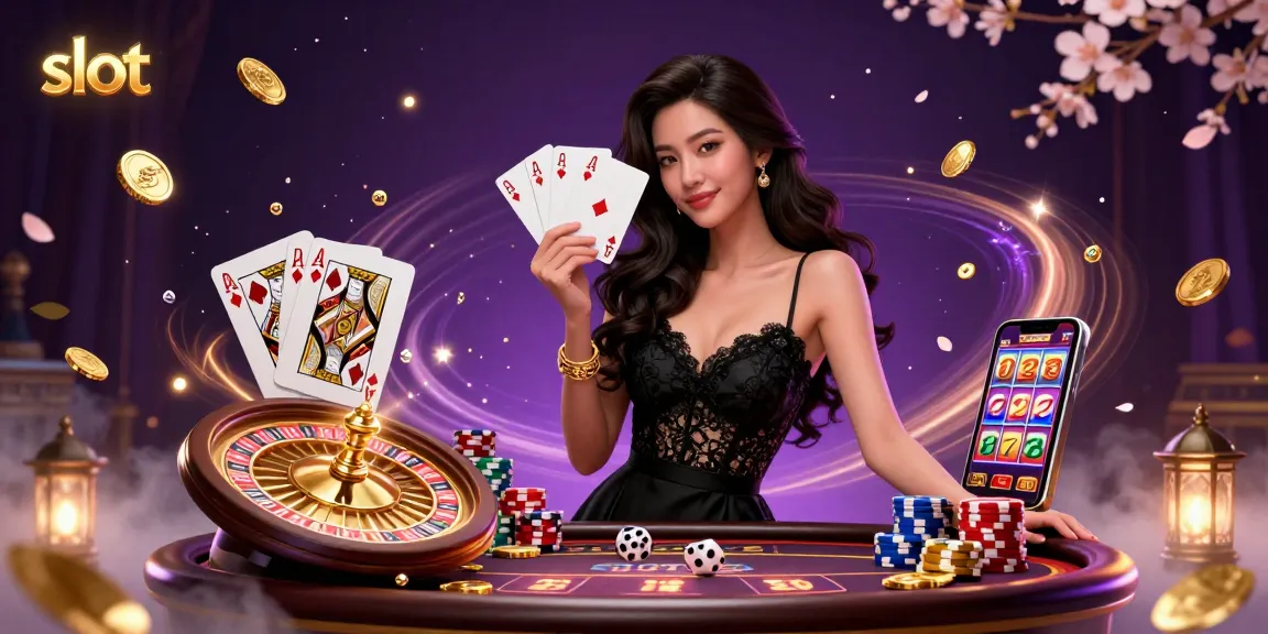 Experience the thrill of slot games with a stunning casino scene showcasing a beautiful woman and lucky symbols.