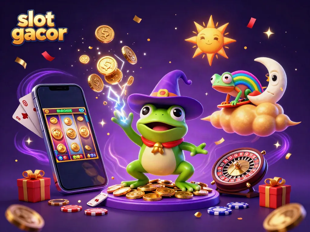 Experience slot gacor excitement with a wizard frog and chameleon in a vibrant casino atmosphere.