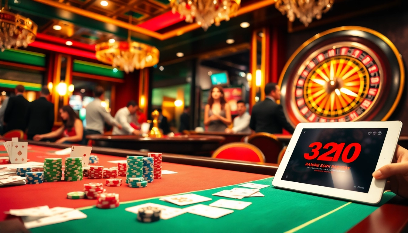 Exciting scene of gamblers at 33win casino tables with cards, dice, and roulette wheel.