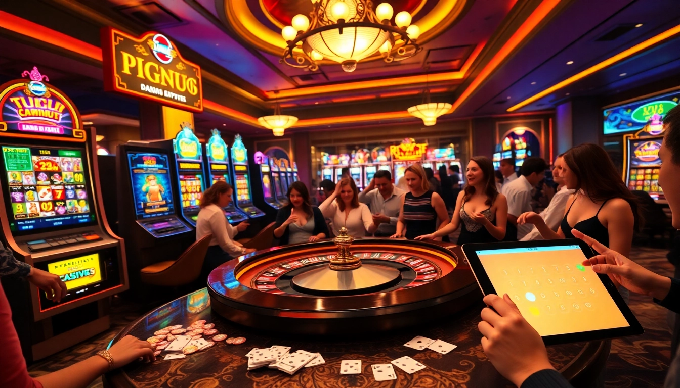 Exciting casino atmosphere at https://cm88.info/ featuring vibrant slot machines and a roulette table.