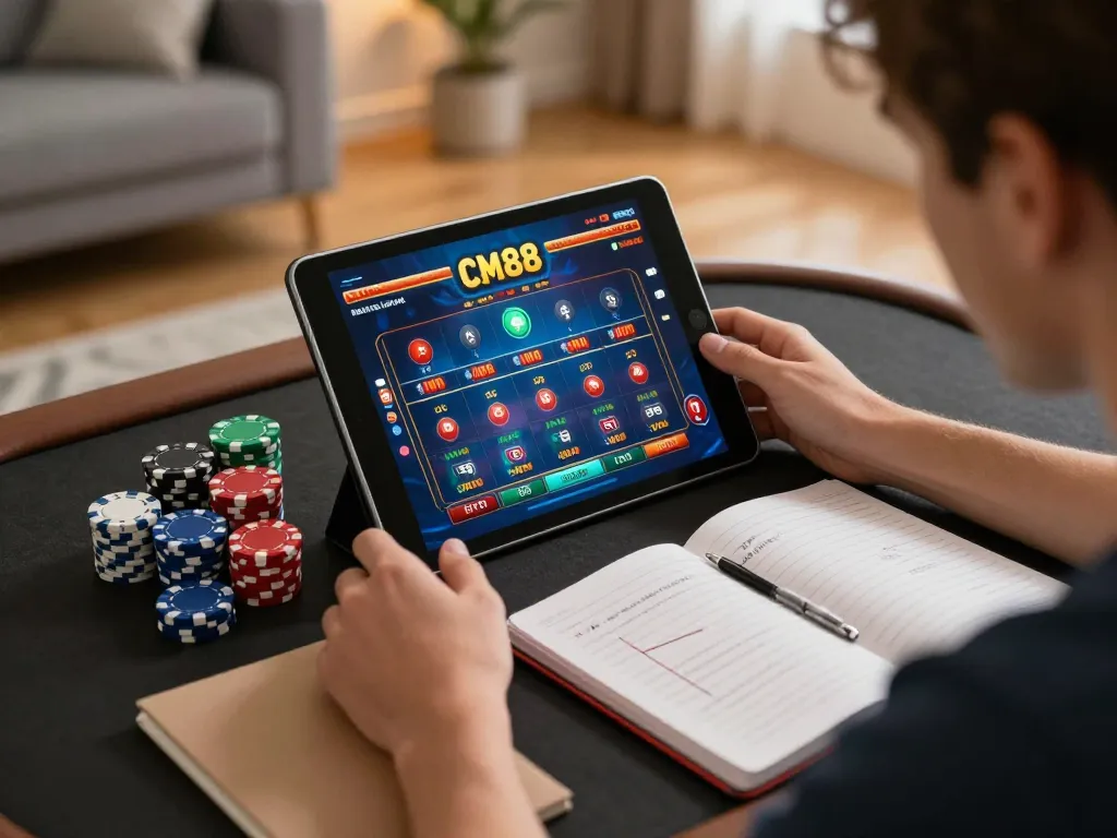Engaged player using CM 88 tablet for online casino gaming, chips and strategy notes nearby.