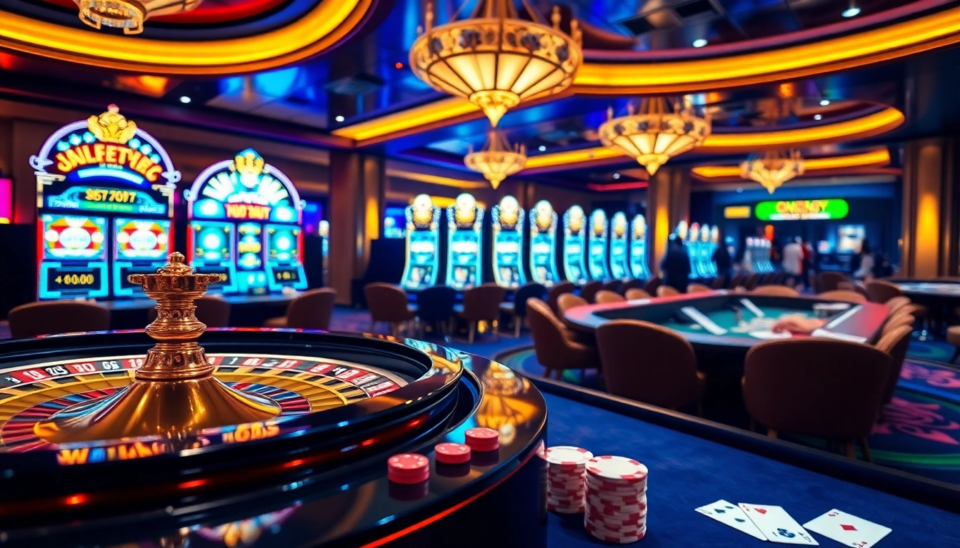 Experience thrilling gameplay at https://nohu90.tools/ in a vibrant casino scene featuring roulette, slot machines, and excited players.