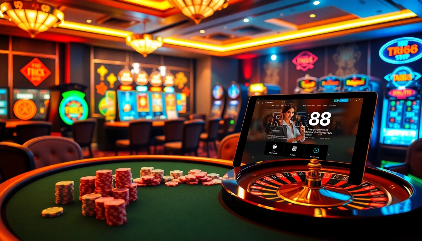 Experience the excitement of gambling at Trang Chủ RR88 with players at a poker table, vibrant slot machines, and roulette wheel.