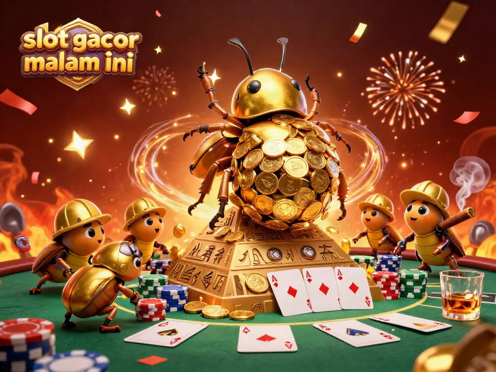 Menangkan slot gacor malam ini dengan kumbang emas menggelinding bola koin, dikelilingi tumpukan chip poker