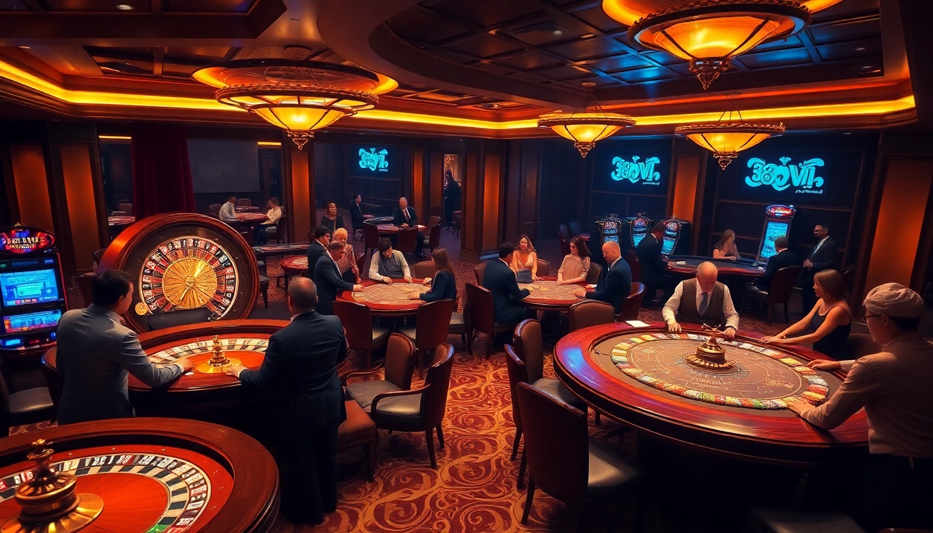 Experience the thrill of gambling at 68VIP with engaging casino tables and vibrant lights.