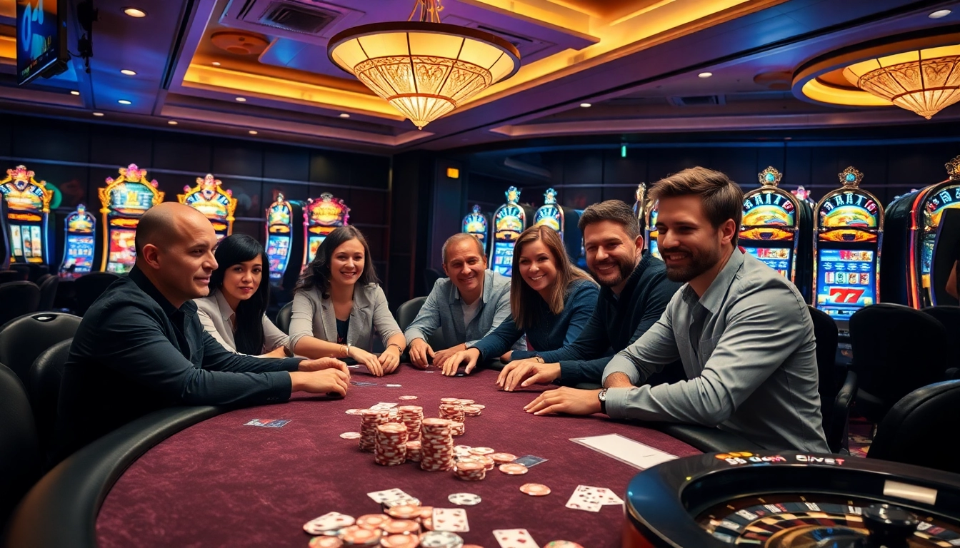 B52club players enjoying an exciting poker game at a luxury casino table with vibrant slot machines.