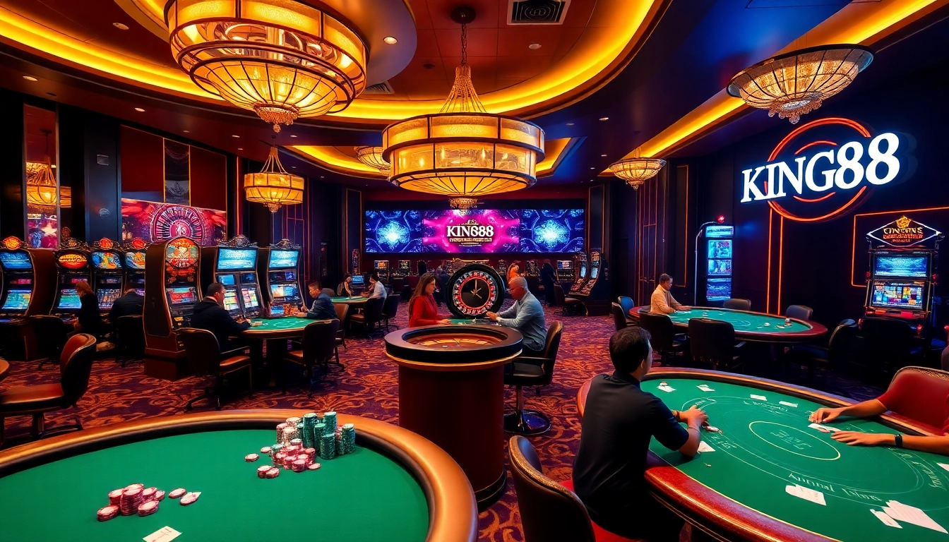 Experience the excitement of KING88 at a luxurious casino with vibrant slot machines and poker tables.
