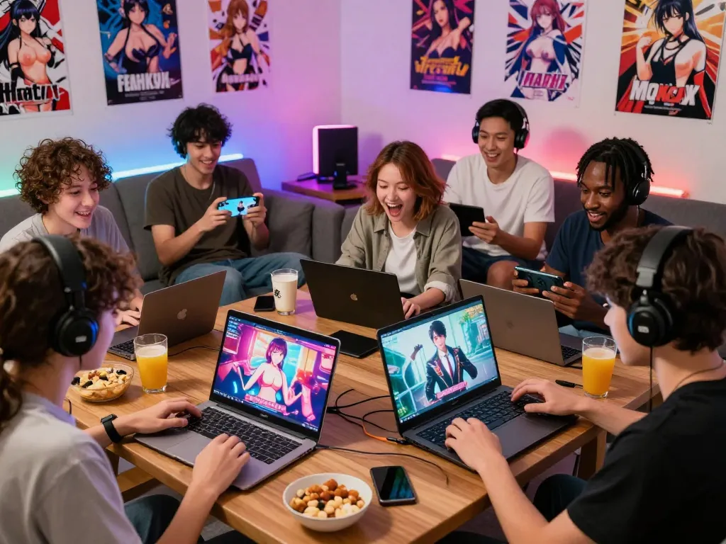Engaged players experiencing porngames on various devices in an inviting gaming environment.