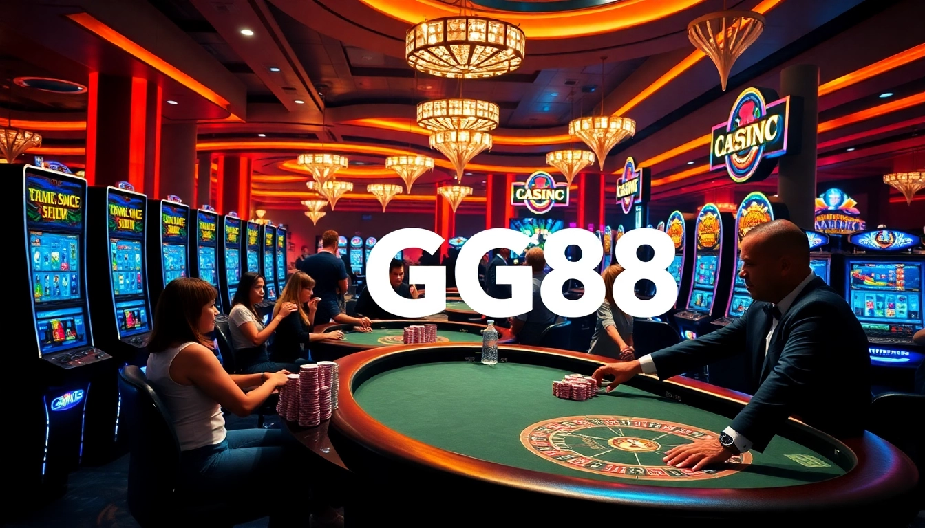Excitement at GG88's luxury casino with players enjoying roulette and slot machines.