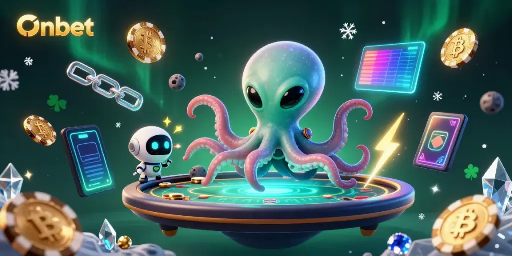 Engage with Onbet's thrilling poker game as a 3D cartoon alien octopus and robot spin poker chips in a cosmic setting.