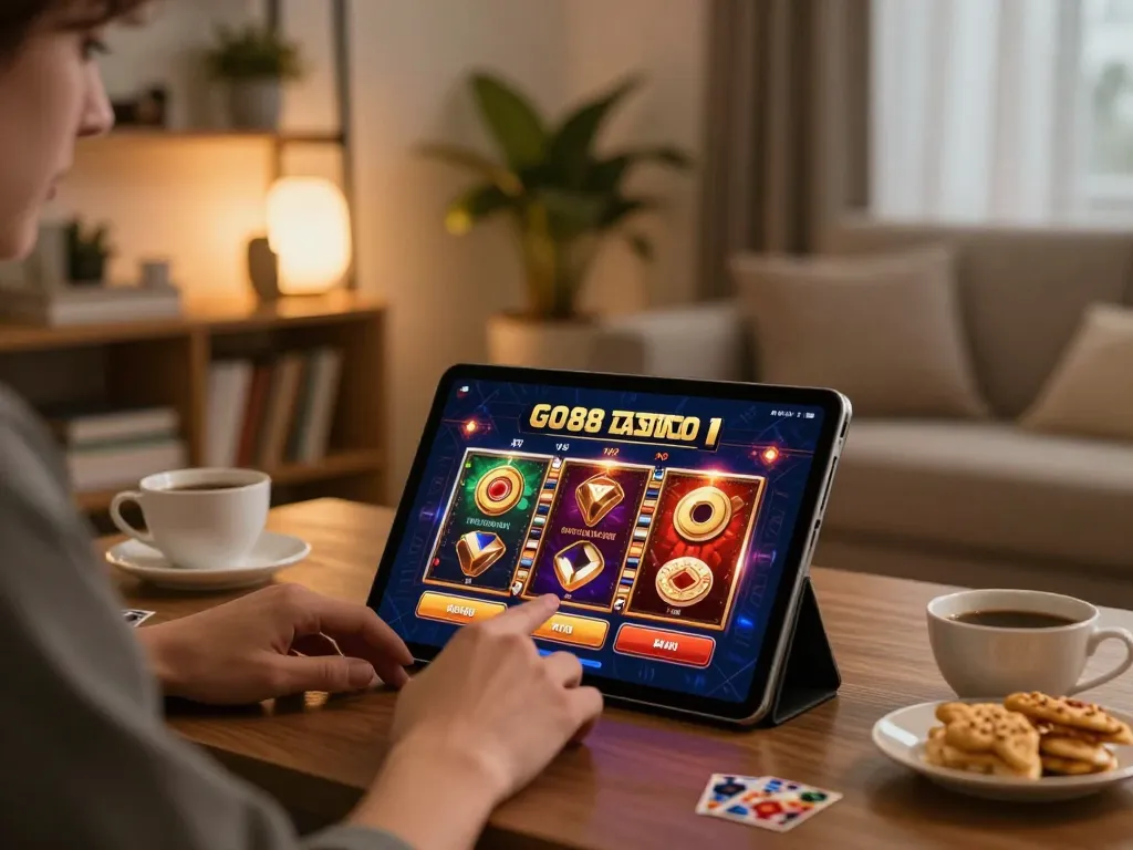 Engaged gamer using GO88 app on tablet in cozy home setting to play casino games