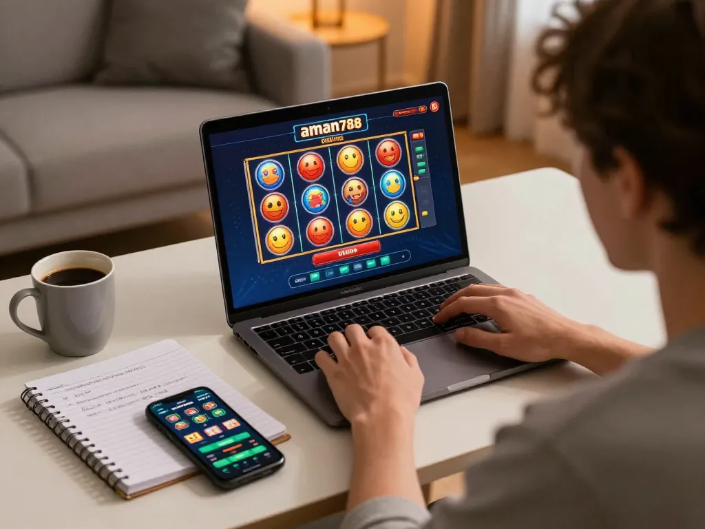 Sesi online yang menarik menampilkan slot online aman788 dengan gulungan yang cerah di laptop.