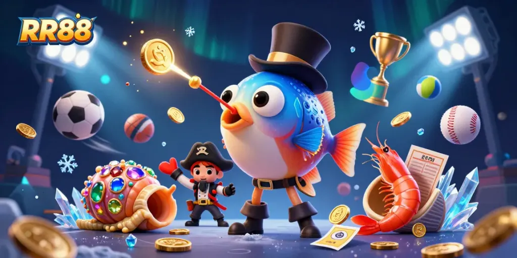 RR88 casino illustration depicting a deep-sea anglerfish attracting golden coins in a lively scene.
