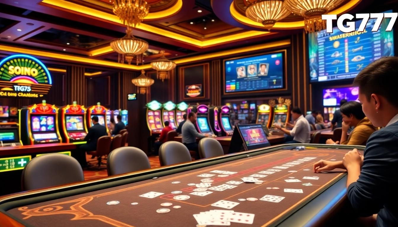 Players enjoying a thrilling game at TG777 casino with vibrant slot machines and poker tables.