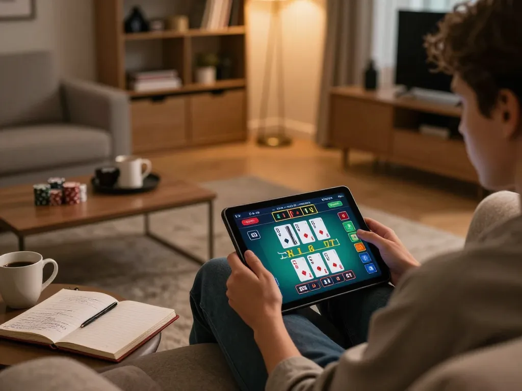 Play mobile casino game with 90 aa for strategic bankroll management in a cozy living room setting.