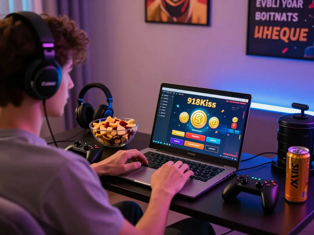 Player enjoying free credit 918kiss while gaming at home, surrounded by snacks and soft lighting.