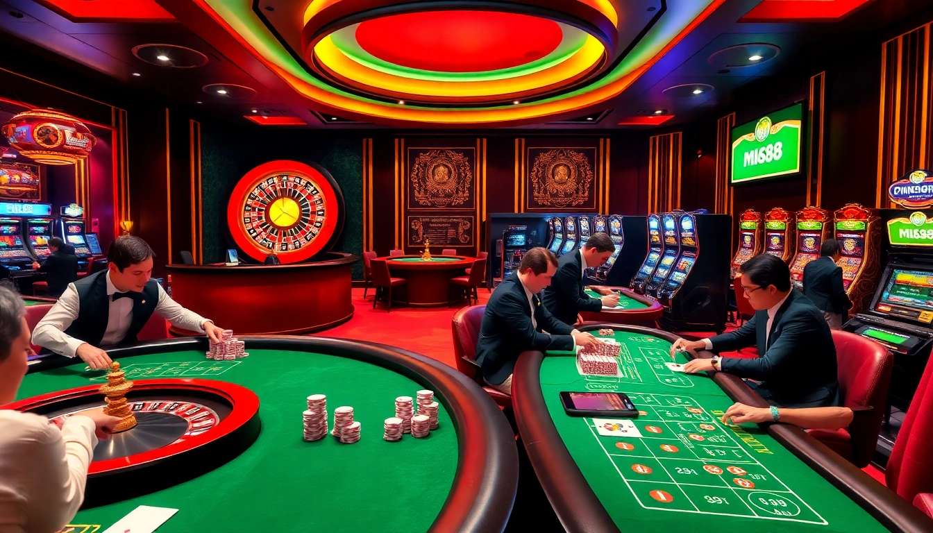 M88 gamblers enjoying a high-stakes game at a luxurious casino table with vibrant slot machines in the background.