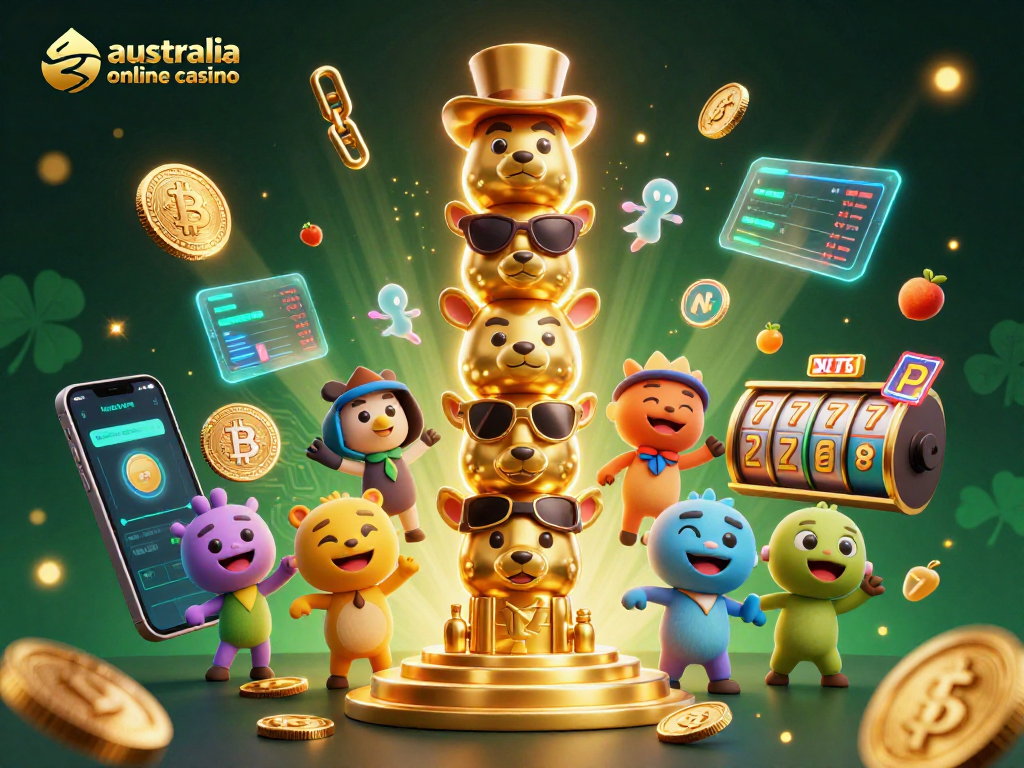 Experience the excitement of australia online casino with vibrant 3D illustration featuring lucky totem poles, coins, and slot symbols.