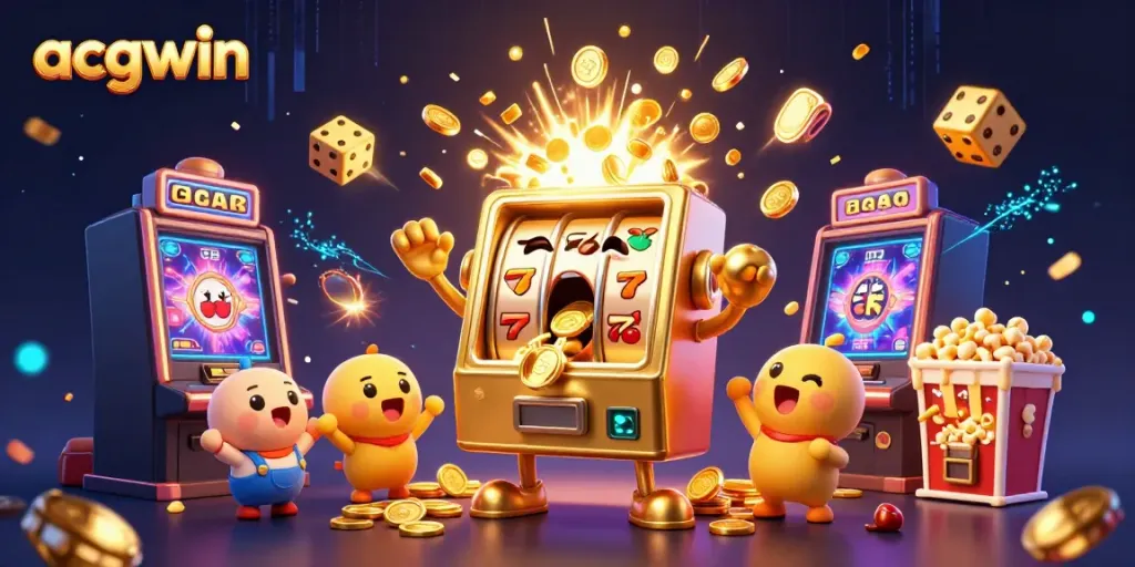 Slot machine ACGWIN yang sedang memenangkan jackpot dengan koin melimpah di sekitarnya.