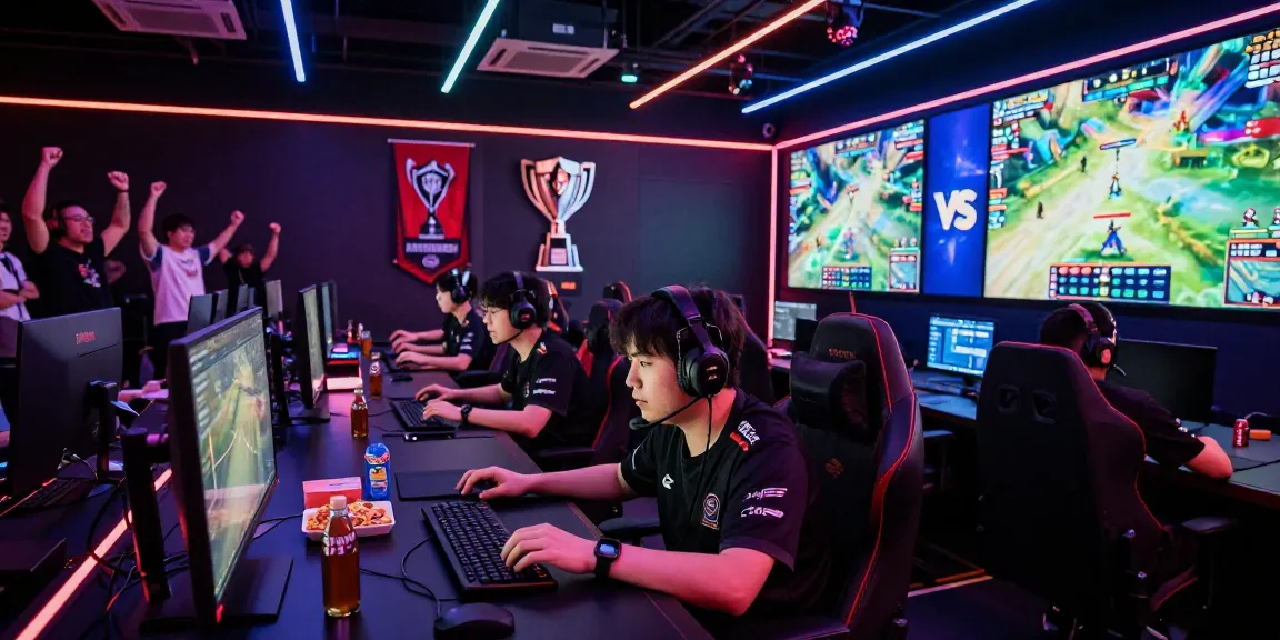 Pemandangan arena esports dengan pemain fokus pada layar permainan 68gb, sorakan penonton dan pencahayaan dinamis.