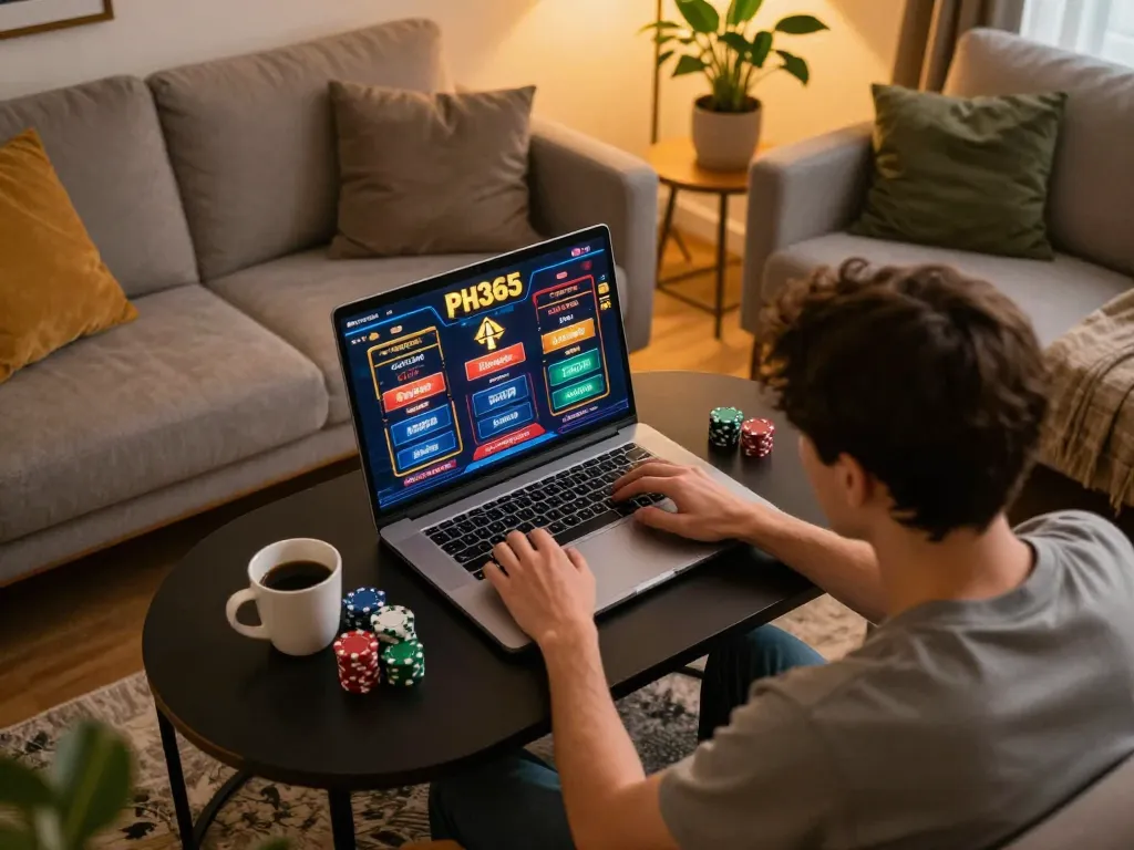 Player engaging with the PH365 online casino platform in a cozy home setup, capturing the thrill of gaming.
