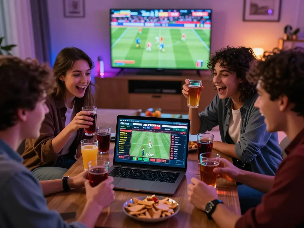 Friends enjoying online gambling on bong99 platform in a lively living room.