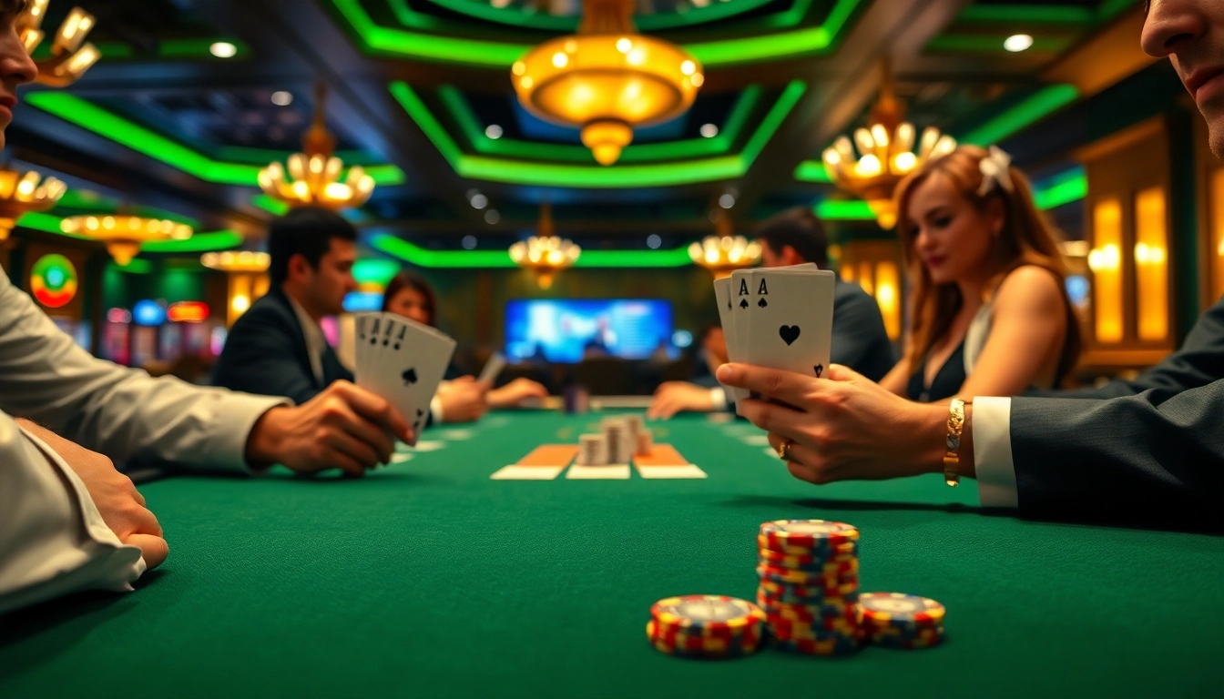 Experience the excitement of Blackjack Casino with focused players at an elegant gaming table.