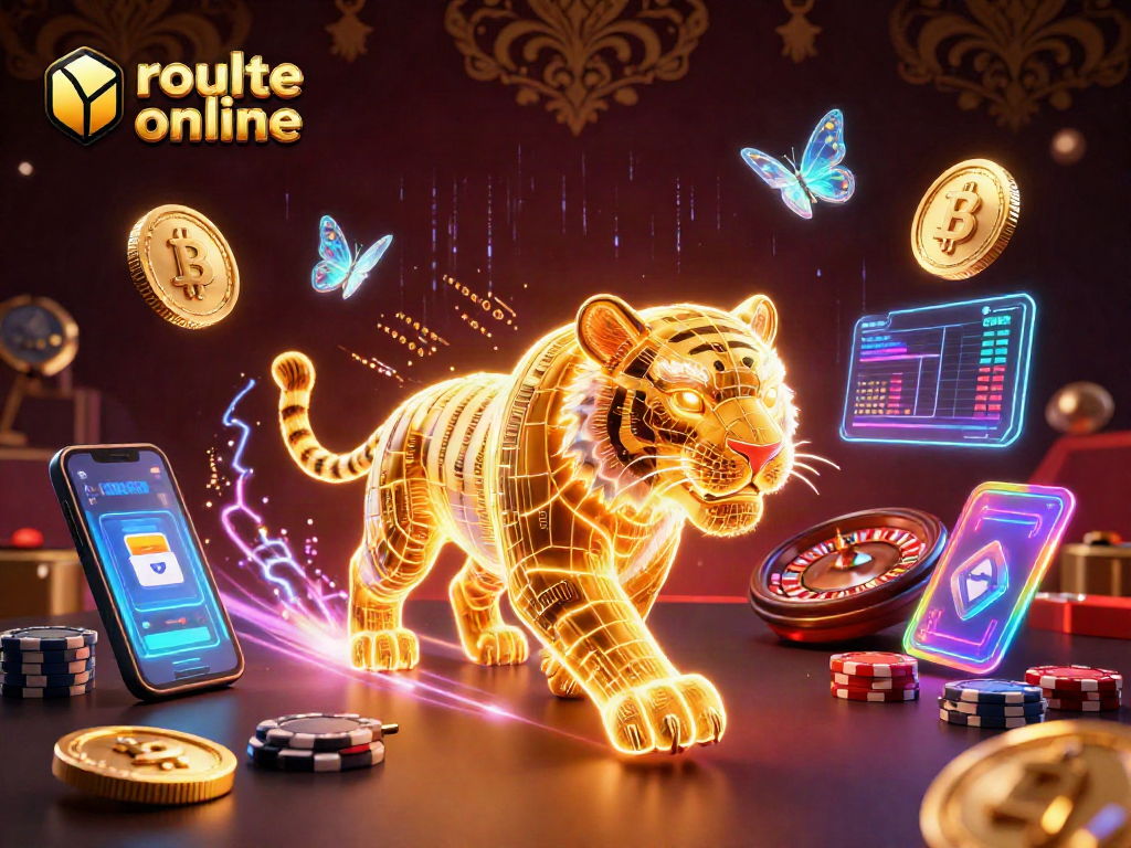 Engage in roulette online while exploring a vibrant casino scene with golden tiger and crypto elements.
