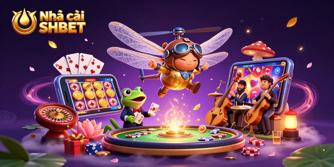 Enjoy interactive gambling with Nhà cái SHBET, featuring a vibrant 3D casino scene of a dragonfly pilot and frog dealer.