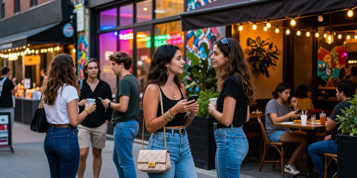 Gái gọi đang trò chuyện cùng bạn bè tại khu phố nhộn nhịp vào buổi tối