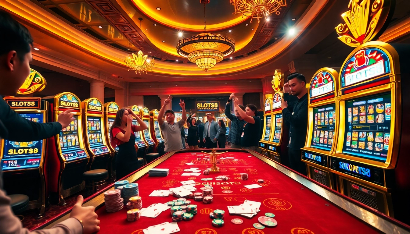 Excited players enjoy SLOTS8 at vibrant slot machines in a luxurious casino setting.