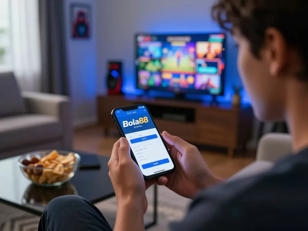 Bola88 Login screen displayed on a smartphone in a cozy living room during an online gaming session