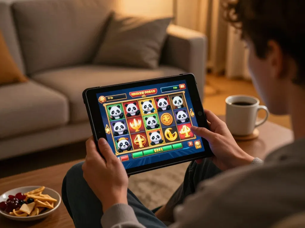 Pemain Panda Win menikmati permainan slot online di tablet sambil bersantai di rumah dengan grafik yang cerah.