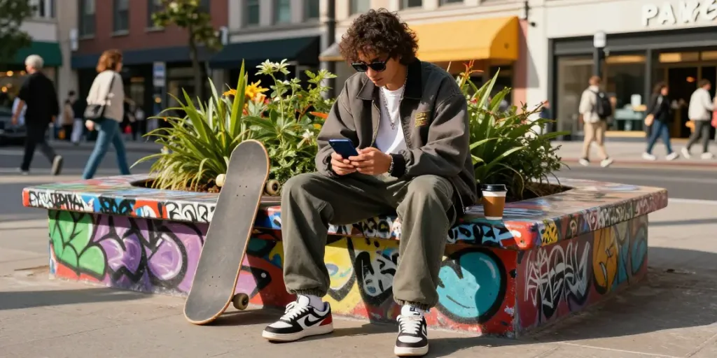 Stylish individual in trendy streetwear enjoying a sunny day outdoors, showcasing akunjp lifestyle in an urban setting.