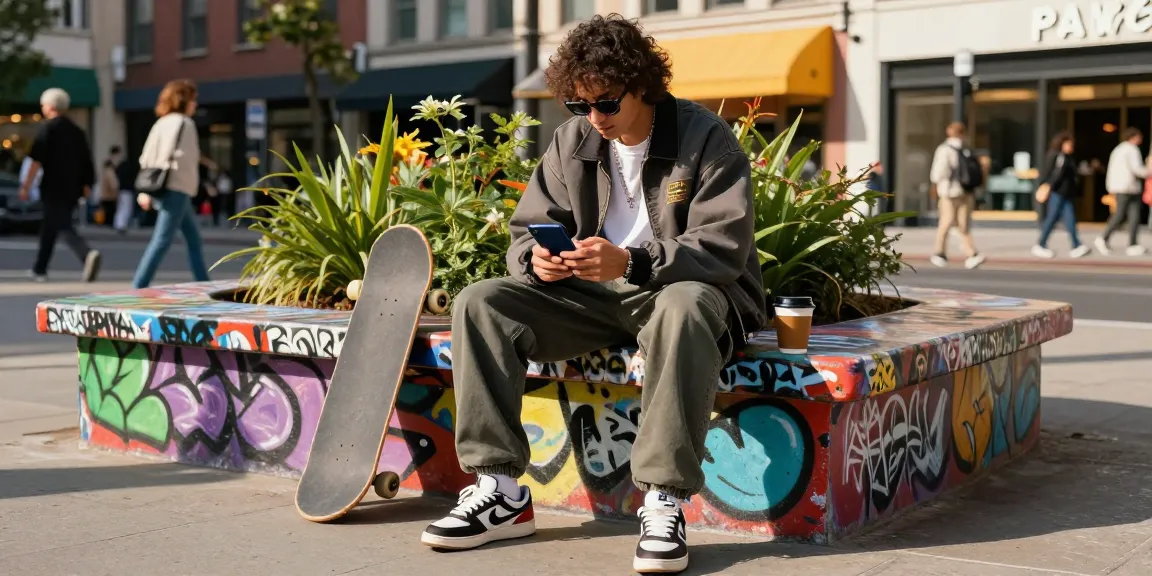 Stylish individual in trendy streetwear enjoying a sunny day outdoors, showcasing akunjp lifestyle in an urban setting.