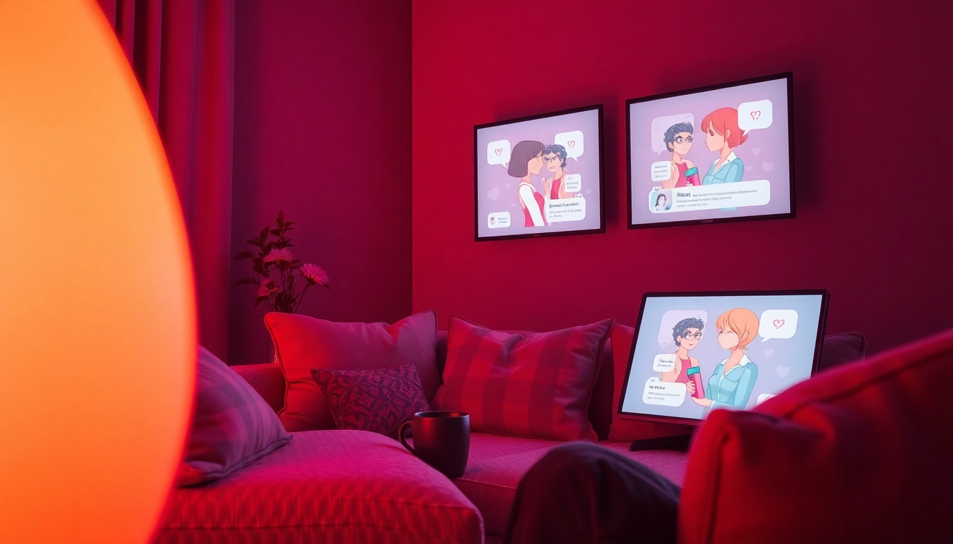 A cozy digital space showcasing AI sex chat interactions with animated characters, evoking intimacy.