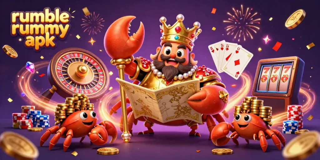 Experience thrilling gameplay with Rumble Rummy APK's vibrant 3D illustration featuring golden crab emperor.