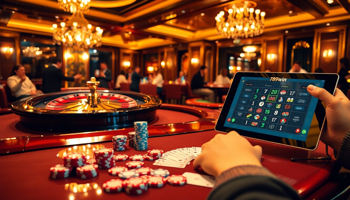 Engaged players celebrating a win at 789win in a vibrant casino environment with roulette and poker.