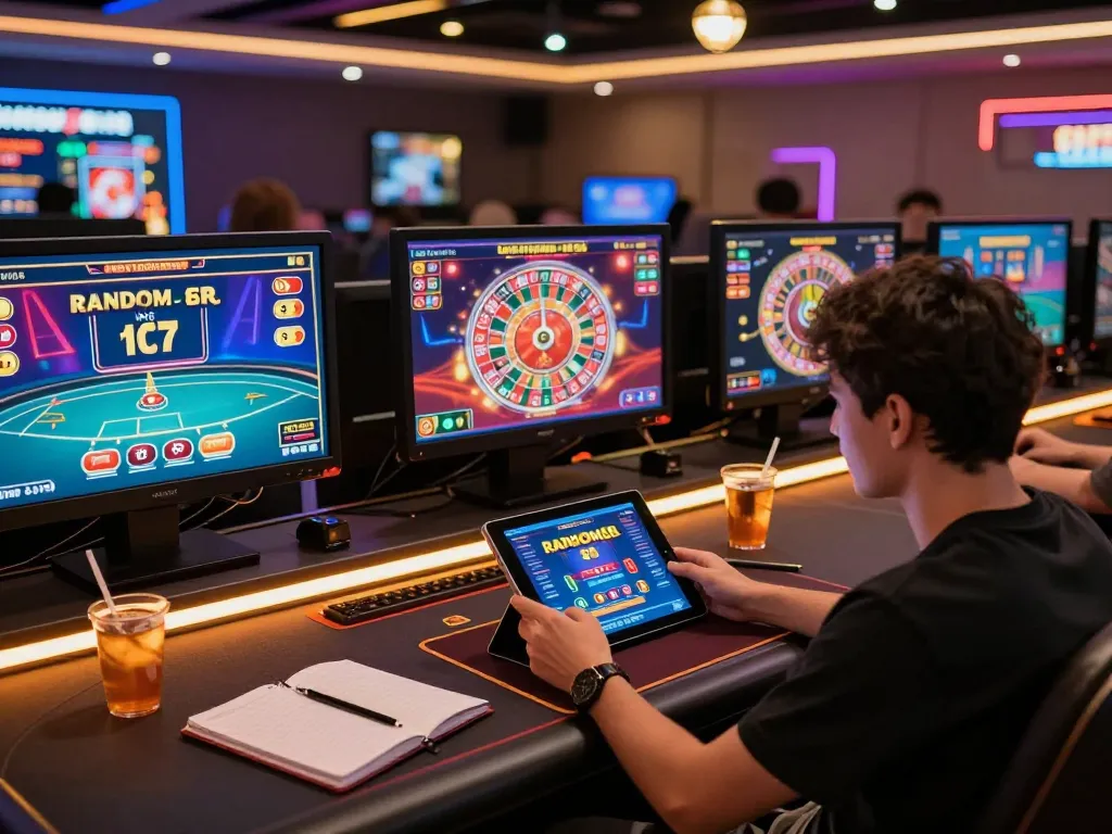 Suasana menarik dari permainan kasino online dengan antarmuka RANDOM88 yang ditampilkan di tablet dan beberapa layar permainan.