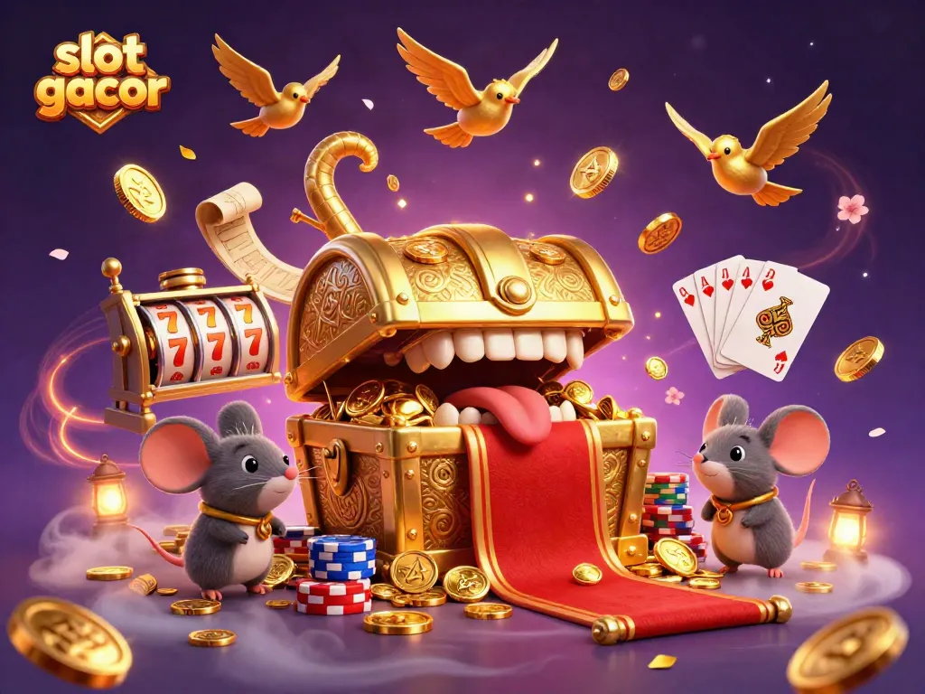 Menangkan slot gacor dengan membuka peti harta karun sambil dikelilingi koin emas dan simbol keberuntungan.