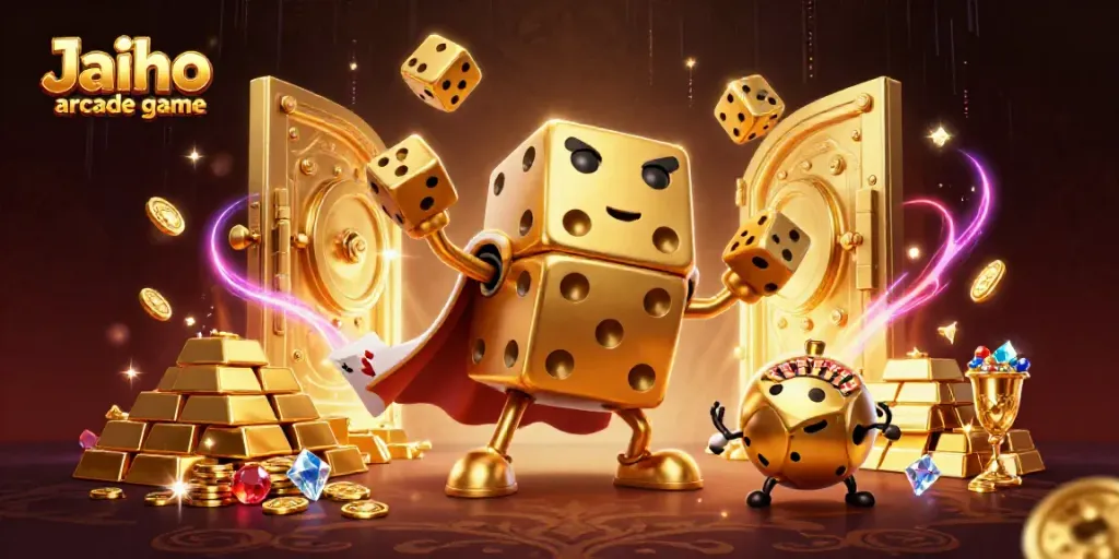 Engage with the Jaiho arcade game in a vibrant, dynamic gaming scene featuring golden dice and treasure.