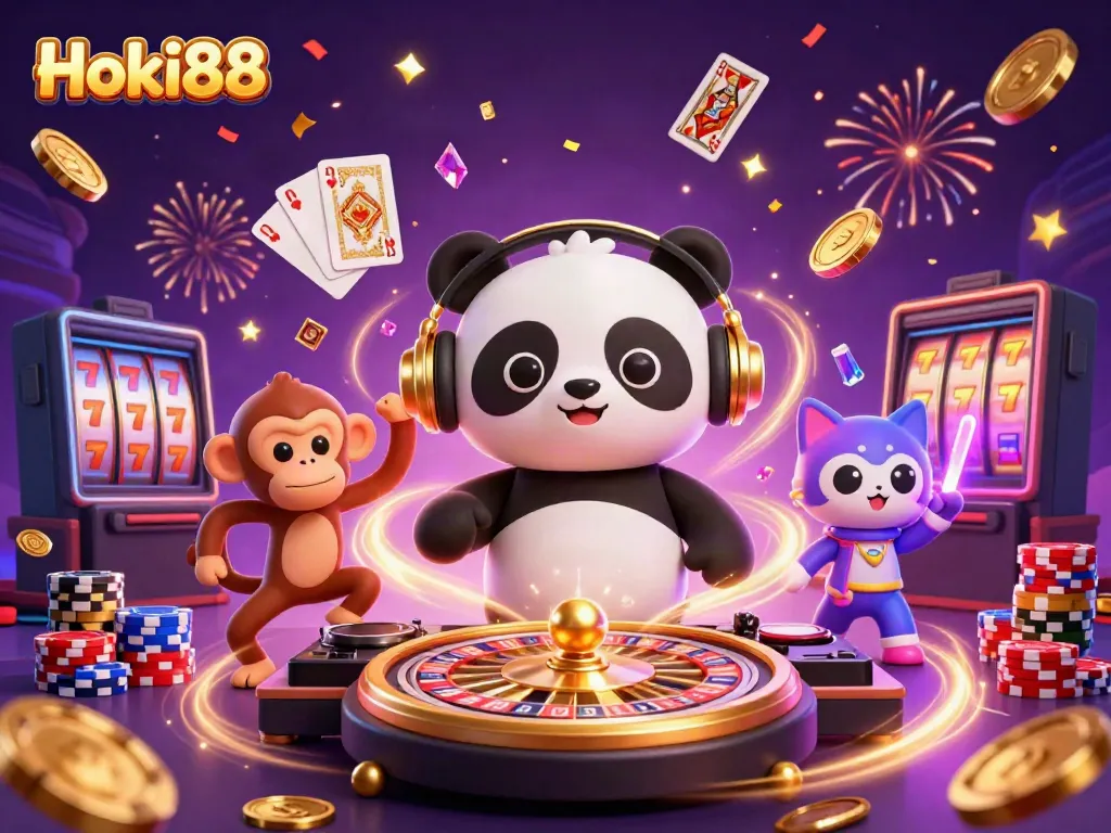 Menggandeng konsep Hoki88, gambarkan keseruan permainan slot dengan karakter kartun unik dan elemen kasino yang dinamis.