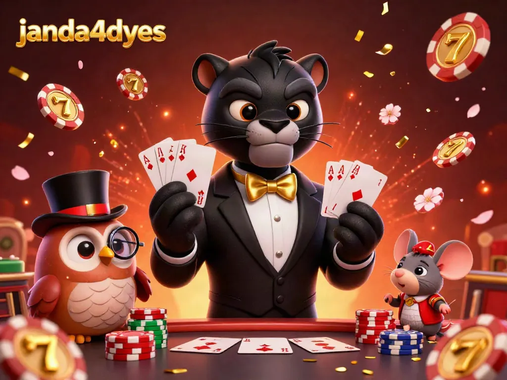 Gambarlah janda4dyes beraksi dengan panther di kasino, menampilkan daun bunga, koin, dan slot.