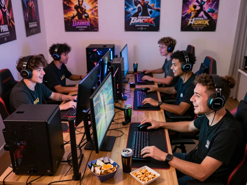 Gamers enjoying dragon77 multiplayer gaming session with LED lights and snacks.